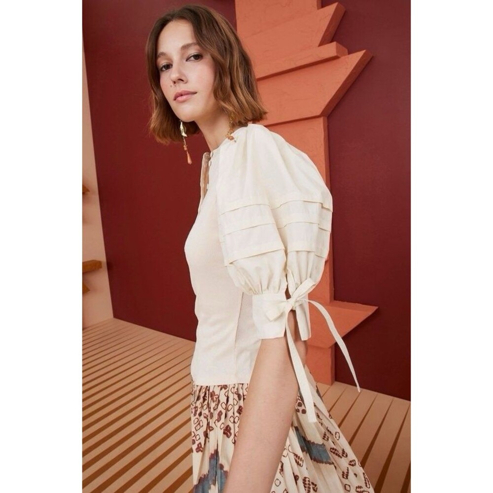 ULLA JOHNSON Iman Top Size P Cream Cotton Poplin Rib Knit Short‎ Puff Sleeves XS - Picture 15 of 16